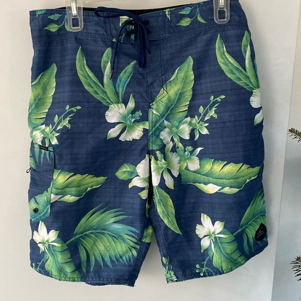 O'Neill Mens Board Shorts Blue/Floral Hawaiian Print Board Shorts 34 swim trunk